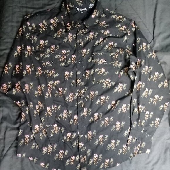 Vintage Dragonfly Flaming Dice Pearl Snap Button Shirt - Picture 2 of 6